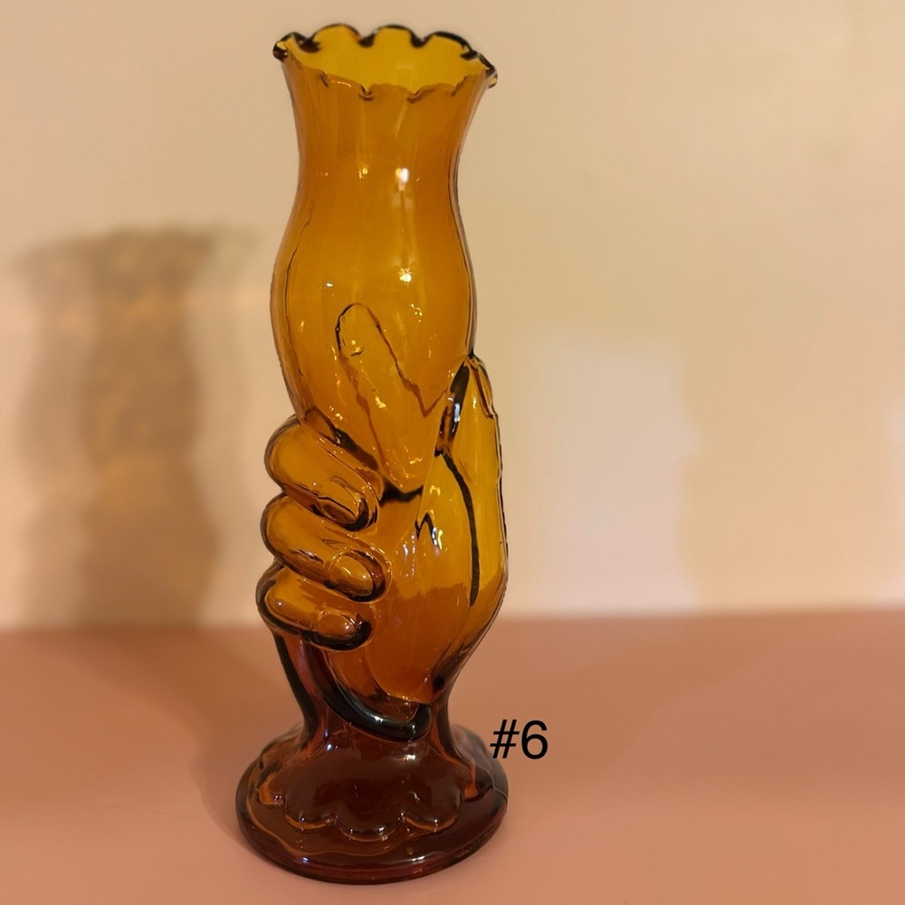 1960s MCM Vintage Ruffle Amber Glass Lady Liberty Hand Vase Goblet